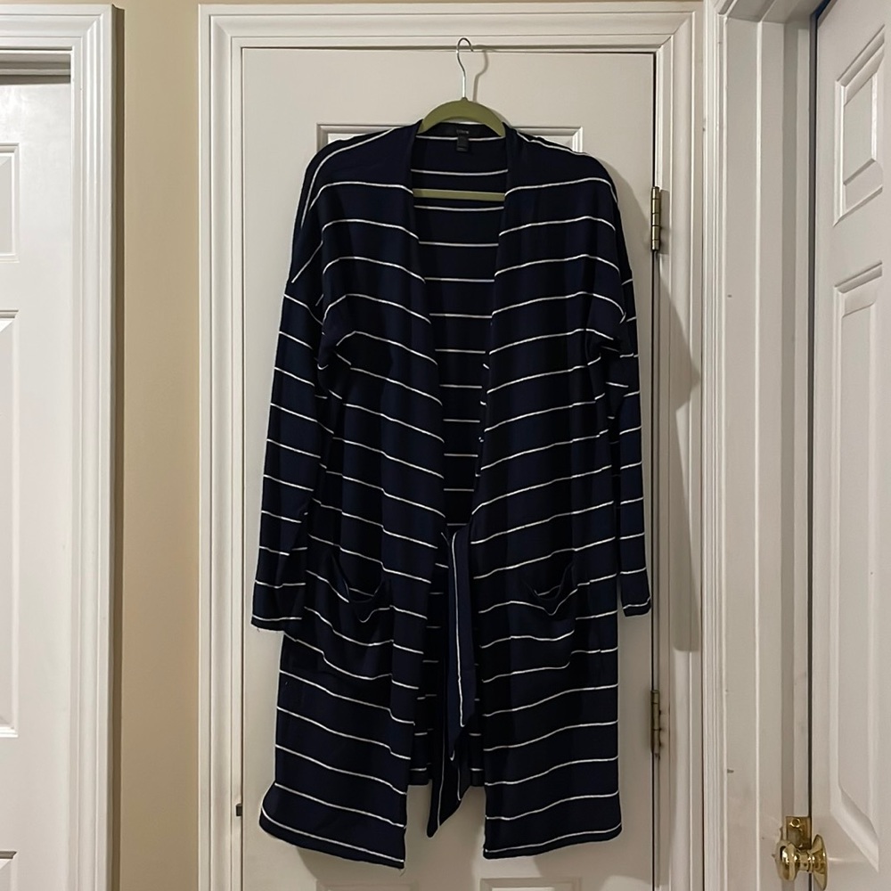 Jcrew, navy and white striped long sweater with tie